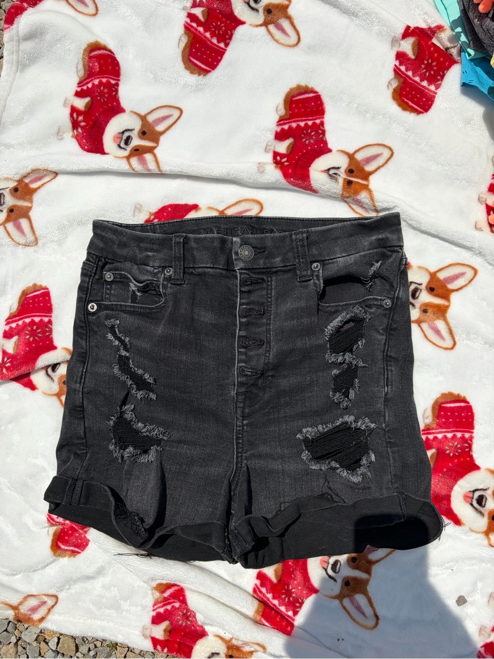 American Eagle Outfitters Black Distressed High-Rise Denim Shorts